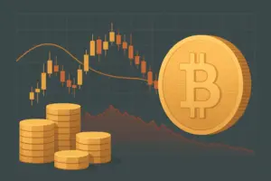 Abstract Bitcoin illustration featuring market chart signals during volatility, reflecting current crypto trends in a neutral visual style.