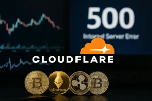 Crypto tokens displayed in front of screens showing a Cloudflare outage, reflecting how the Cloudflare network issue affected crypto platforms.