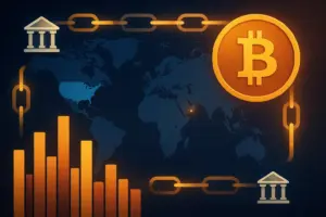 Blockchain-style illustration showing global finance links, highlighting tokenized deposits and digital payments across key markets.