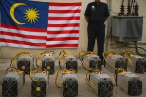 Confiscated crypto mining rigs displayed with a Malaysian flag and an officer, highlighting Malaysia’s illegal crypto mining issue.