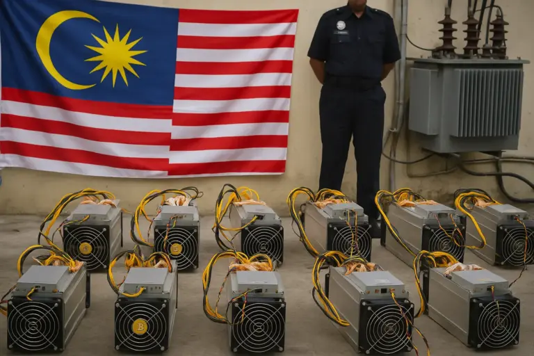 Confiscated crypto mining rigs displayed with a Malaysian flag and an officer, highlighting Malaysia’s illegal crypto mining issue.