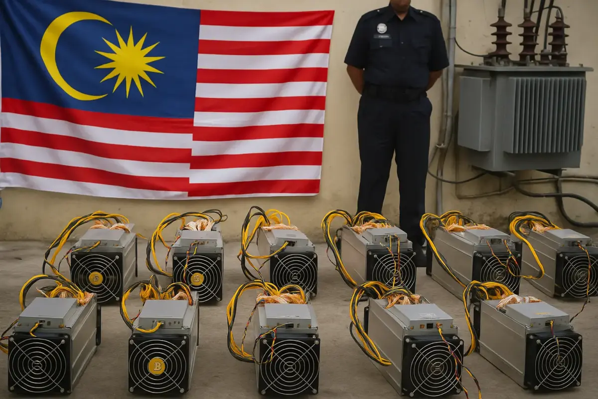 Confiscated crypto mining rigs displayed with a Malaysian flag and an officer, highlighting Malaysia’s illegal crypto mining issue.