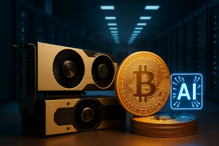 Bitcoin miners and AI GPUs displayed in a data center, reflecting rising demand for AI computing alongside bitcoin mining infrastructure.