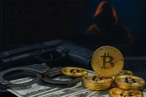 Crypto crime scene featuring Bitcoin, cash, handcuffs, and a hooded figure, symbolizing UK crackdown on money laundering networks.