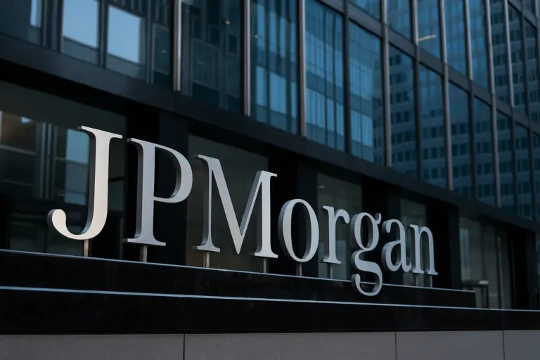 Bitcoin coin beside JPMorgan building, reflecting growing crypto backlash and rising tensions between digital assets and traditional banking.
