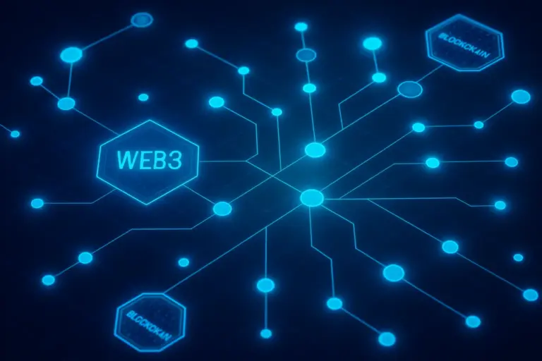 A glowing Web3 blockchain network with connected digital nodes, illustrating the expanding Web3 ecosystem and its advanced infrastructure.