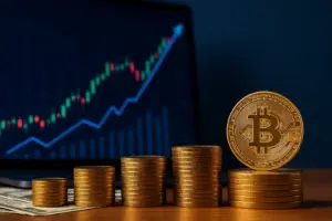 Stacks of Bitcoin coins displayed beside a rising crypto chart, illustrating Metaplanet’s Bitcoin strategy and market activity.