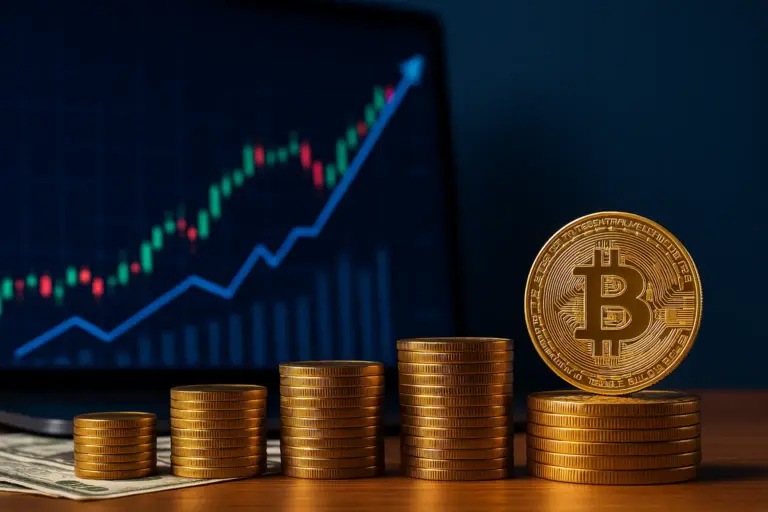 Stacks of Bitcoin coins displayed beside a rising crypto chart, illustrating Metaplanet’s Bitcoin strategy and market activity.