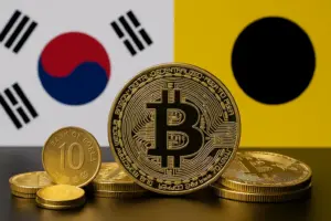 Gold crypto coins with South Korea imagery symbolizing the country’s growing stablecoin development by Kakao and Naver.
