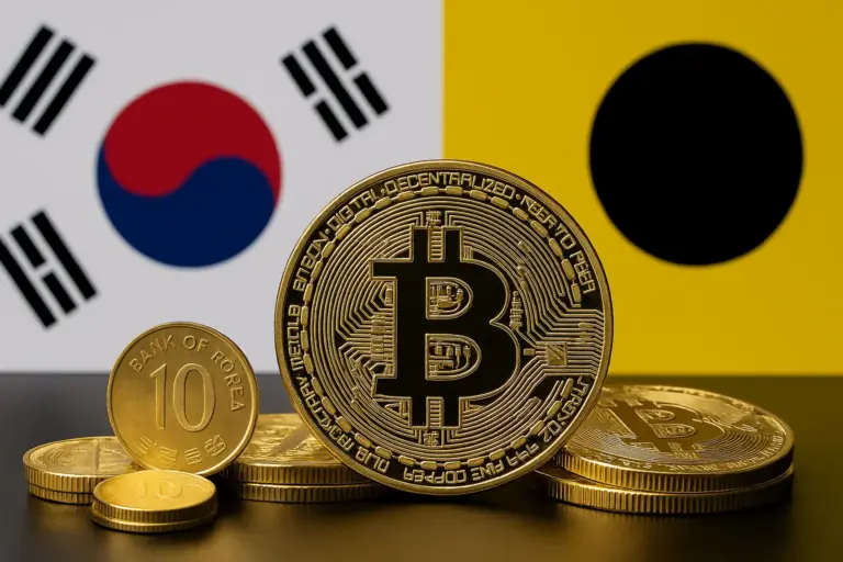 Gold crypto coins with South Korea imagery symbolizing the country’s growing stablecoin development by Kakao and Naver.