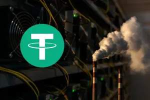 Tether mining equipment and industrial smoke stacks highlighting challenges facing its Uruguay mining operations.