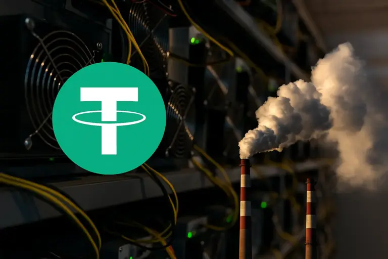 Tether mining equipment and industrial smoke stacks highlighting challenges facing its Uruguay mining operations.