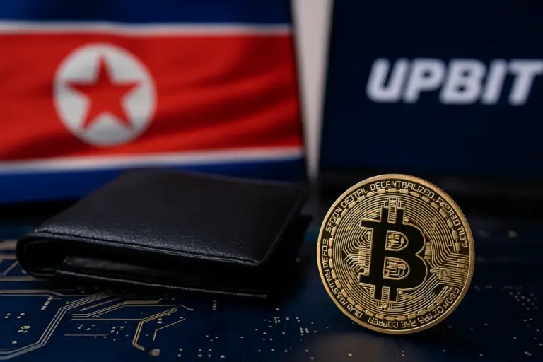 Bitcoin coin beside a wallet with North Korea and Upbit imagery in the background, reflecting the Upbit hack linked to Lazarus suspects.