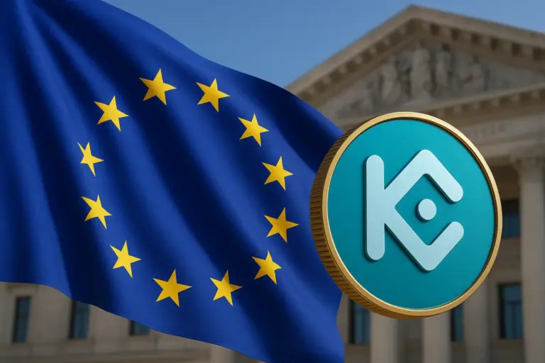 KuCoin logo coin with the EU flag in the background, reflecting KuCoin’s MiCA license approval and regulated crypto presence in Europe.