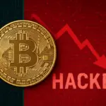 Digital illustration showing a DeFi hack concept with blockchain networks and Ethereum symbols representing security breach.