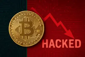 Digital illustration showing a DeFi hack concept with blockchain networks and Ethereum symbols representing security breach.