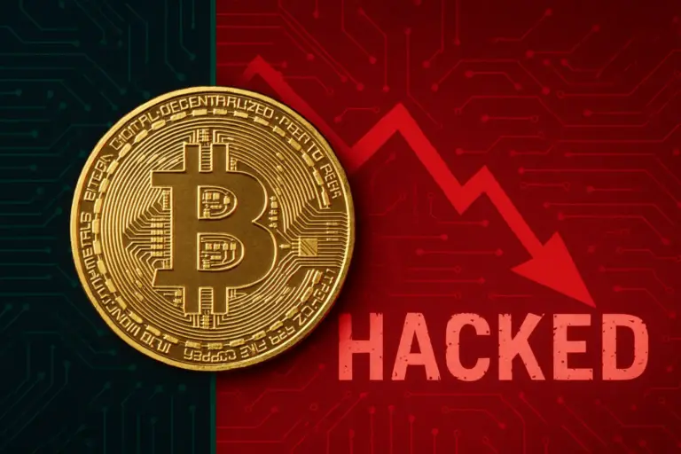 Digital illustration showing a DeFi hack concept with blockchain networks and Ethereum symbols representing security breach.