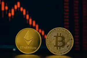 Bitcoin and Ethereum coins in front of red falling charts showing crypto ETF outflows and market downturn.