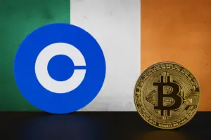 Coinbase Europe logo and Bitcoin coin displayed against Irish flag background symbolizing Ireland’s crypto regulation fine.