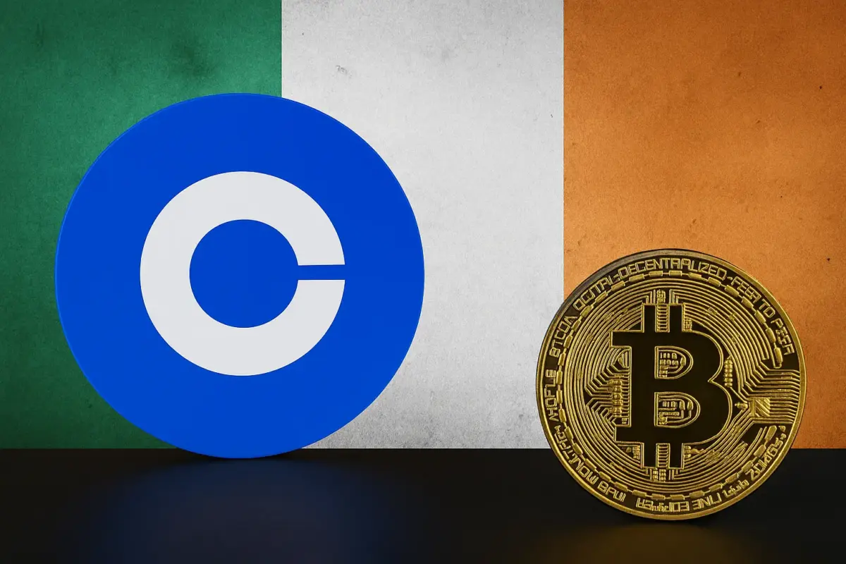 Coinbase Europe logo and Bitcoin coin displayed against Irish flag background symbolizing Ireland’s crypto regulation fine.