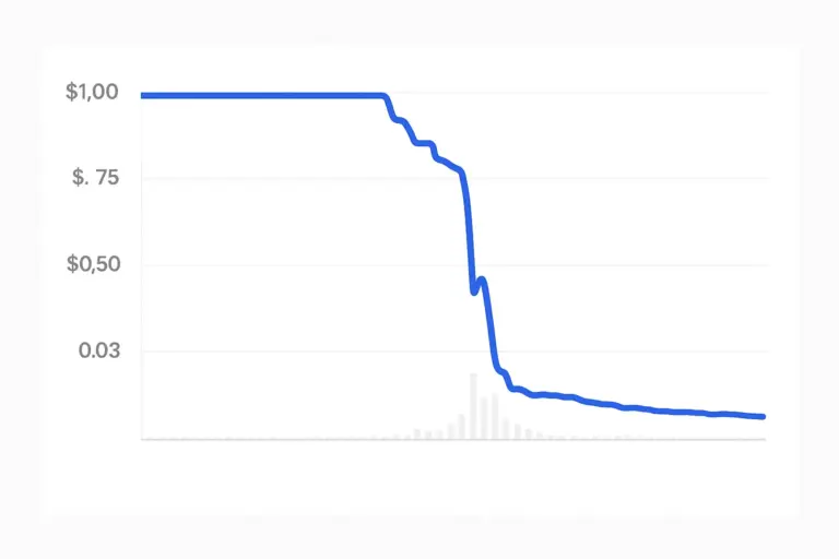 A chart showing Elixir’s deUSD stablecoin collapsing after Stream Finance’s $93M loss, highlighting DeFi market instability.