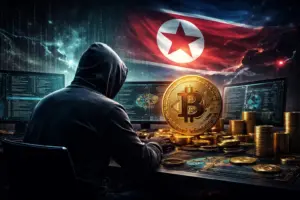 Illustration of North Korean hackers conducting large-scale crypto theft in 2025, highlighting state-linked cyber attacks tracked by Chainalysis