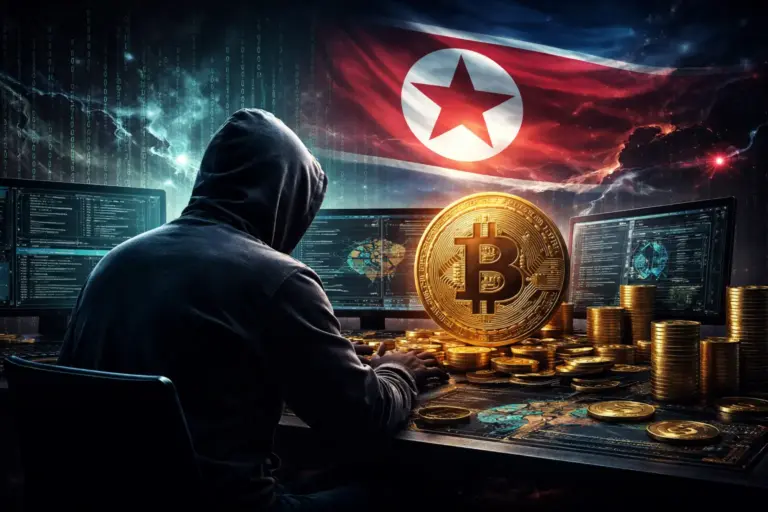 Illustration of North Korean hackers conducting large-scale crypto theft in 2025, highlighting state-linked cyber attacks tracked by Chainalysis