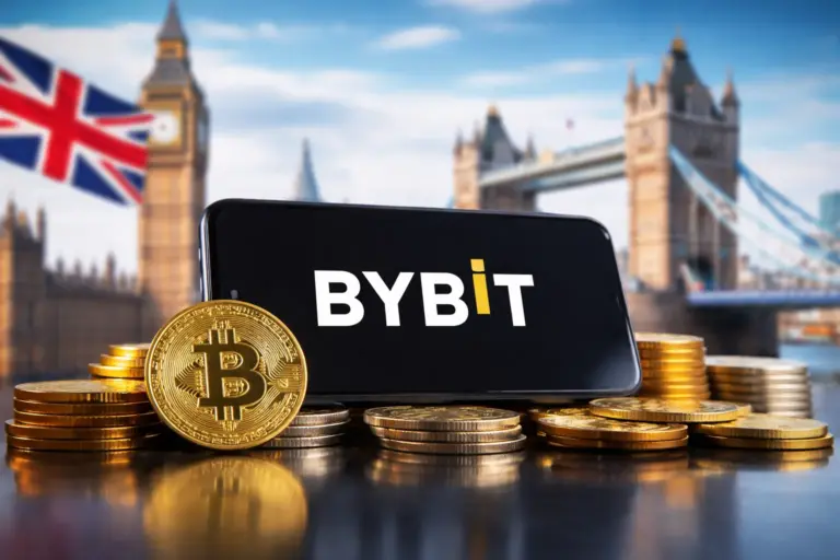 Bybit cryptocurrency exchange returns to the UK market under FCA promotion rules, shown through a London financial cityscape.
