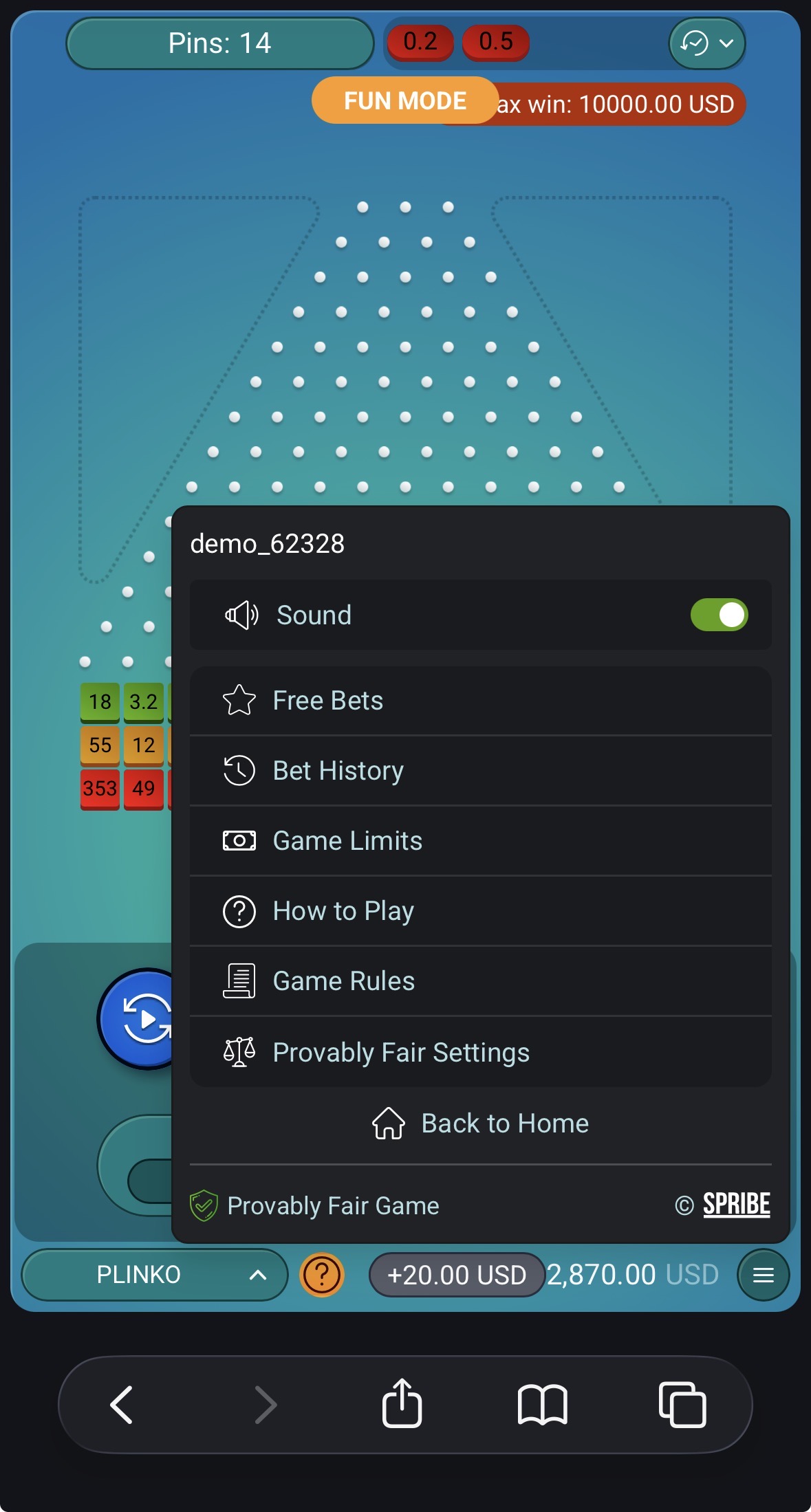 plinko game settings