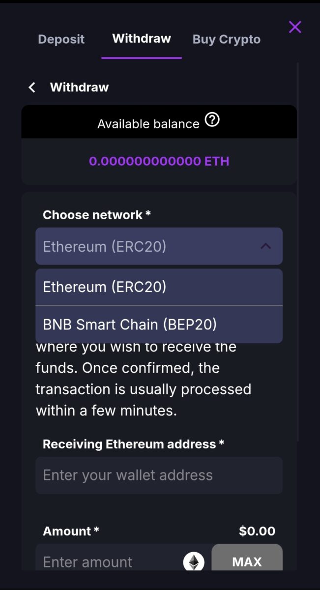 Crypto withdrawal screen with zero Ethereum balance, network dropdown, and wallet address and amount fields.