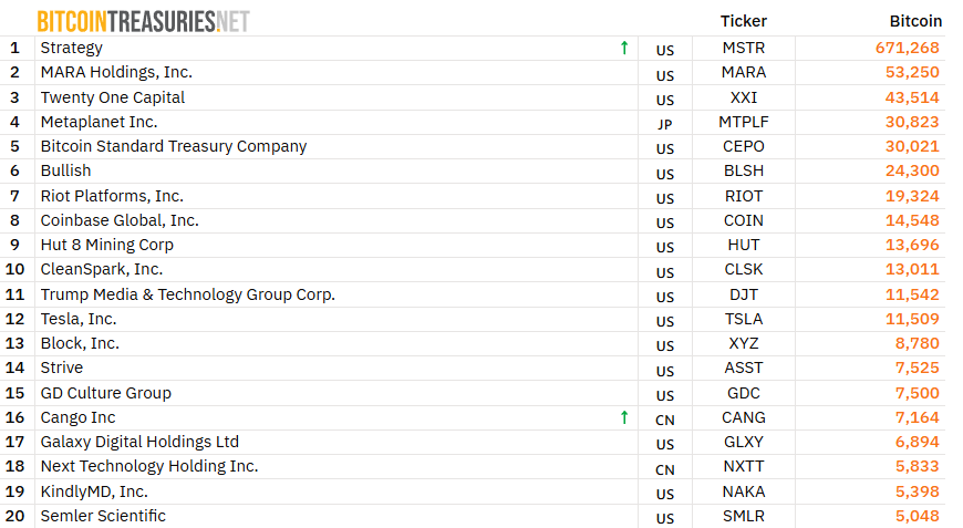 Top 20 largest corporate BTC holders 
