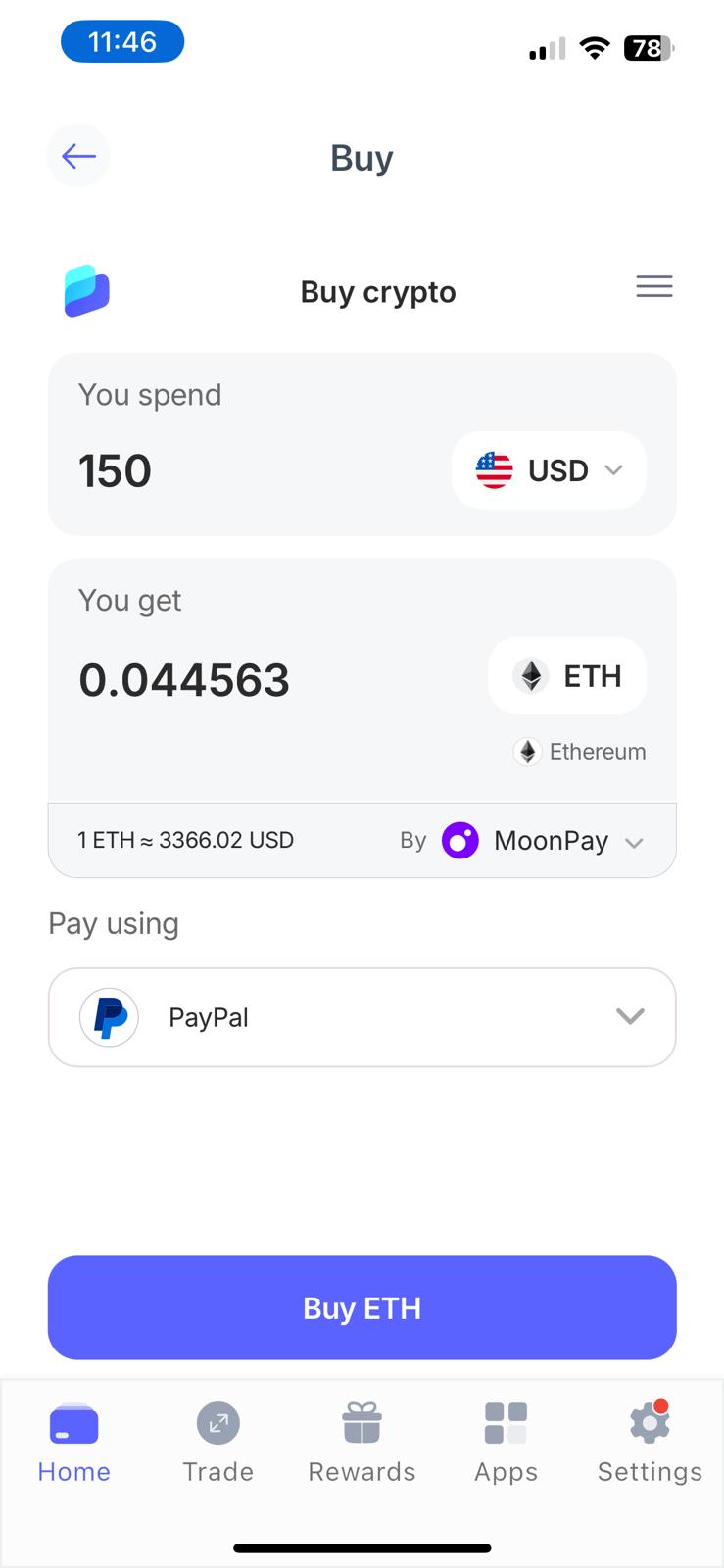 Best Wallet buy ETH with PayPal