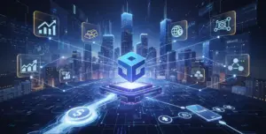 Coinbase 2026 roadmap strategy featuring digital assets, stocks, and global finance icons in a futuristic city interface.