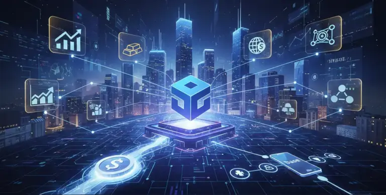 Coinbase 2026 roadmap strategy featuring digital assets, stocks, and global finance icons in a futuristic city interface.