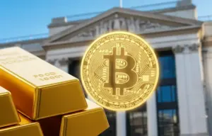 21Shares Bitcoin and Gold ETP BOLD listing on London Stock Exchange featuring gold bars and a digital Bitcoin coin.