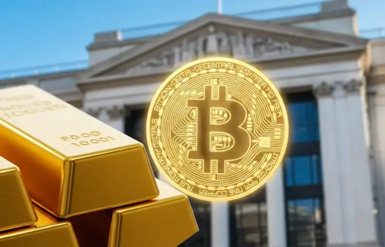 21Shares Bitcoin and Gold ETP BOLD listing on London Stock Exchange featuring gold bars and a digital Bitcoin coin.