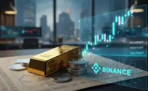 Binance trading interface showing gold bars and silver coins with digital price charts for regulated perpetual contracts.