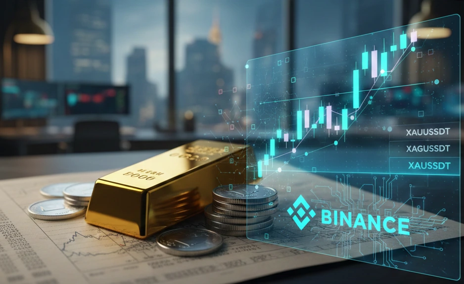 Binance trading interface showing gold bars and silver coins with digital price charts for regulated perpetual contracts.