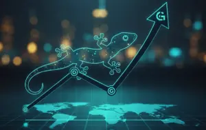 Neon gecko climbing a rising financial arrow above a world map, symbolizing CoinGecko's $500 million market valuation surge.