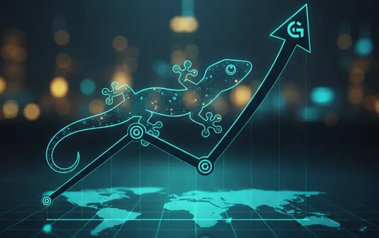 Neon gecko climbing a rising financial arrow above a world map, symbolizing CoinGecko's $500 million market valuation surge.