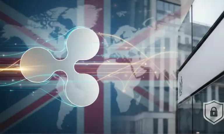 Ripple logo with UK flag and FCA building, representing new regulatory approval for cryptocurrency and payment services in London.
