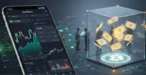 Coinbase app showing stock trading and Bitcoin on a blockchain interface to represent the future of digital asset investing.