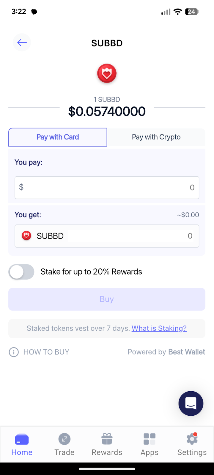 Buy SUBBD on presale with a credit or debit card using Best Wallet