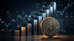 Bitcoin coin under pressure from rising Treasury yield visualization in dramatic lighting