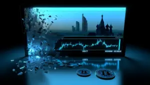 Cryptocurrency exchange security breach with fragmenting digital interface and suspended trading terminal