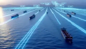 Strait of Hormuz tanker traffic with blockchain settlement network visualization and cool blue financial interface elements at dawn. Iran toll
