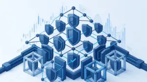 Solana security overhaul illustrated with interconnected blue network nodes and layered shield icons representing STRIDE and SIRN frameworks