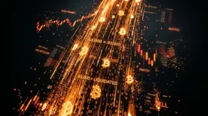 Bitcoin liquidation cascade with golden data streams falling through dark digital space