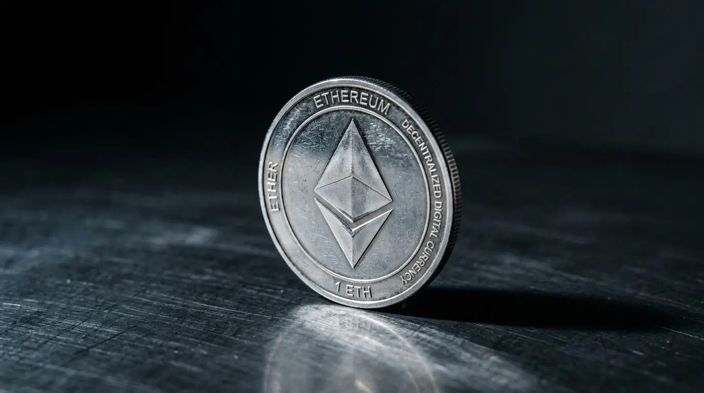 Ethereum coin standing alone on dark surface with dramatic lighting