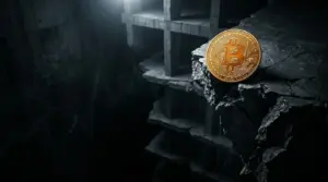 Bitcoin coin suspended at edge of breaking platform above dark void representing critical support levels